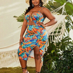 Sz 32/34W SHEIN FIT+ Turquoise Orange Tropical Print Bodycon Cut Out Tank Dress